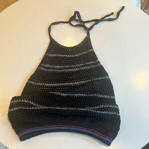 Free People knit top w/ pink, purple and white stripes, backless, ties at neck,